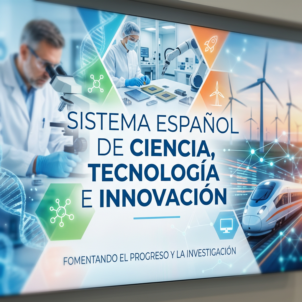 Science, technology, and innovation elements with Spanish text about progress and research